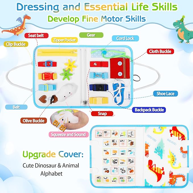 Esjay Toddler Busy Board Montessori Toys, Sensory Board Educational Activities for Learning Fine Motor Skills, Gifts for Girls Boys Toddlers, Travel Toys for Airplane Car,White Dinosaur