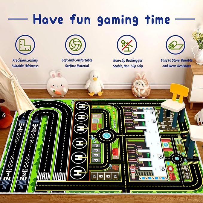 Kids Car Rug Carpet Playmat for Play Toy Cars, Airplane Road Airport Parking Track Rugs Carpet for Playroom Nursery Classroom Kids Room, Car Rug Play Floor Mat Great Gift for Boy Girl 4x6ft