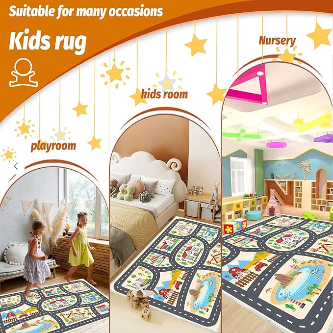 Kids Car Rug Play Mat Carprt for Playroom Classroom, largr Educational Area Rugs with Non-Slip Backing, City Life Play Carpet for Playing Cars Toys Ideal Gift for Children Boy Girl 3.3x4.9ft