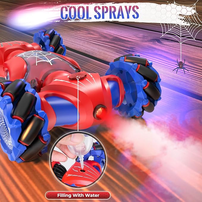 Spider Remote Control Car Toys for 6-12 Boys Girls, Birthday Gifts for Kids, 2.4Ghz 4WD Gesture Sensing RC Stunt Car with Light & Music & Spray, Double-Sided 360° Rotating Hand Control