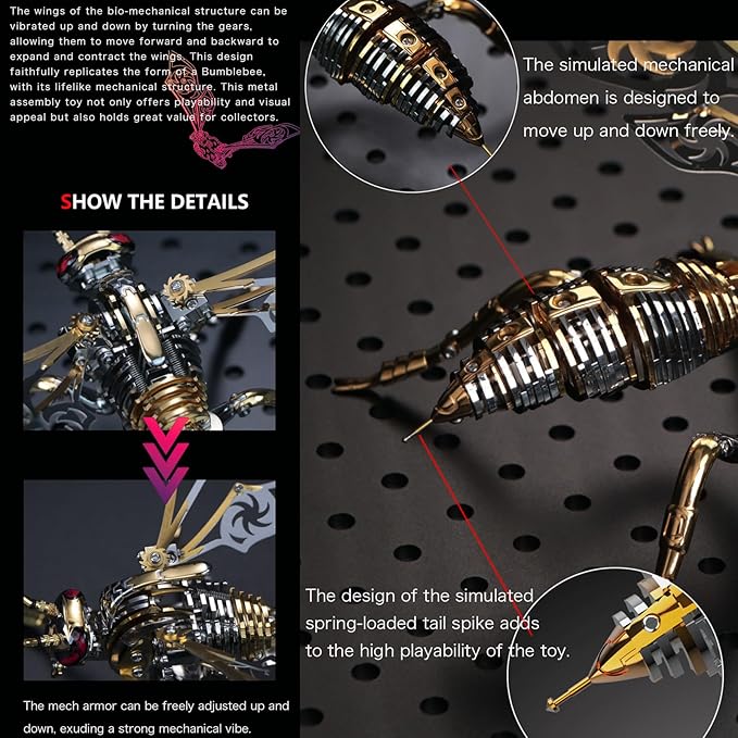 3D Metal Puzzles for Adults: Northern Giant Hornet Metal Model Kits, 3D Metal Puzzle Mechanical Wasp Building Blocks, Difficult DIY for Assembly, Birthday Gifts for Men (3D Metal Wasp-Silver Gold)