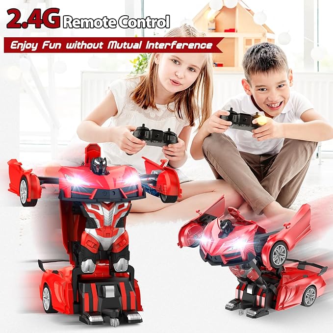 Remote Control Car,Transform Robot RC Cars with Cool LED Headlights, 2.4Ghz Toys Car with 360 Degree Rotation and One-Button Deformation, Christmas Birthday Gifts for Boys Girls(Red)