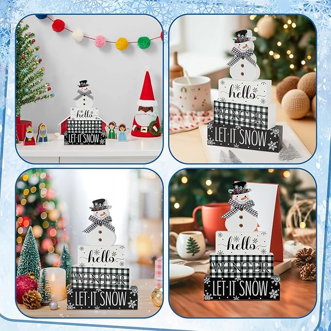 4 Pcs Christmas Table Decor Snowman Wooden Table Decorations Winter Tiered Tray Decor Christmas Centerpiece Rustic Let It Snow Block Signs Gift for Winter Wonderland Party Home kitchen Shelf