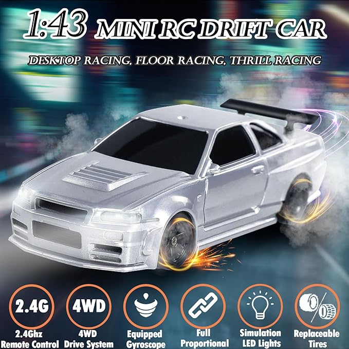 1/43 Mini RC Drift Car with Gyroscope, 2.4GHz Full Proportional High Speed Remote Control Car, RTR 4WD Fast RC Cars with LED Lights Racing Tires, Hobby RC Cars Toy Model Gift for Adults, Kids, Boys
