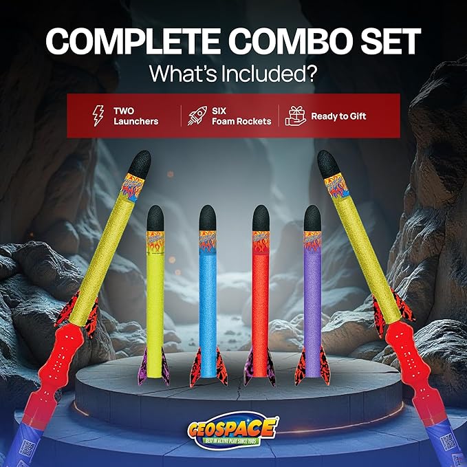 Geospace Hand Held Jr. Pump Rocket Combo Battle Pack – Flying Foam Rockets Outdoor Toys for Kids, Boys & Girls – 30" Set with 2 Launchers & 6 Rockets Set – Hand Stomper Rocket Toy - Cool Toys for Fun