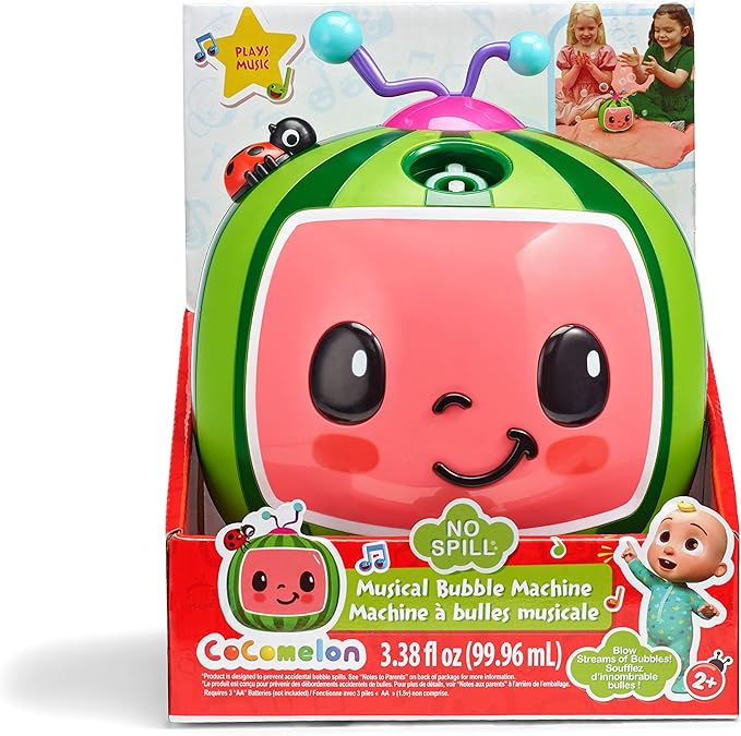 CoComelon NO Spill Musical Bubble Machine | Bubble Toy for Baby, Toddlers and Kids | Amazon Toys Exclusive with 16 oz of Extra Bubble Solution (Bubble Solution Bottle Colors Will Vary)