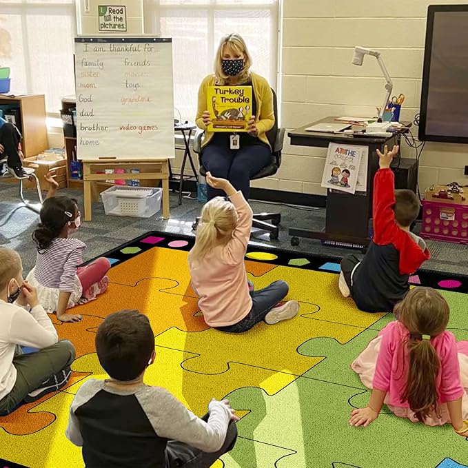 Booooom Jackson Elementary Classroom Rug - 16 Seats Carpet 6'5"x8'5" (260x200cm) - Colorful Puzzle Seating With Non-Slip Backing for Preschool and School Kids