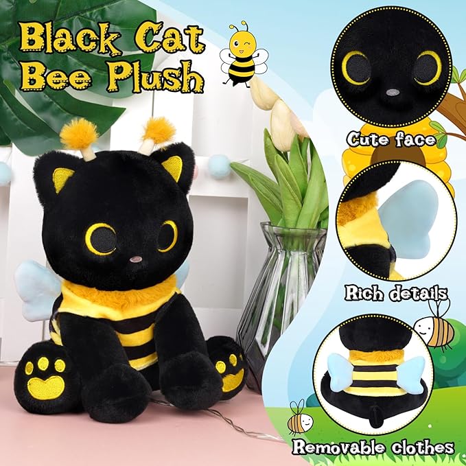 Cat Bee Plush, 8inch Kawaii Black Cat Plush with Honeybee Outfit Costume, Cute Plushies Kitten Stuffed Animal Soft Huggable Plushies Toy for Kids Christmas, Birthday Gifts