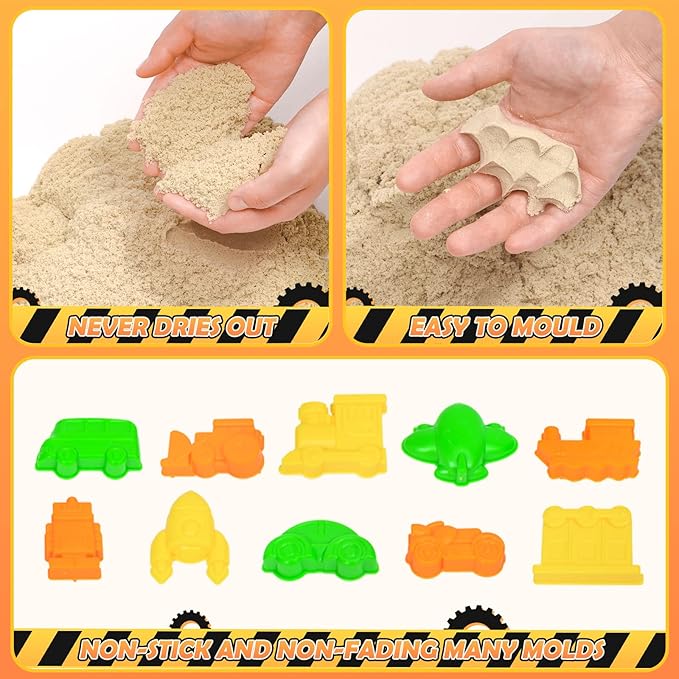 Construction Sandbox Toys Kids Play Sand Kit, 3.1lbs Sand & Large Tower Crane & 5 Trucks & 13 Signs & 14 Molds, Beach Building Castle Table Sensory Bin Toy for Toddler Boy 3-8 Years Old