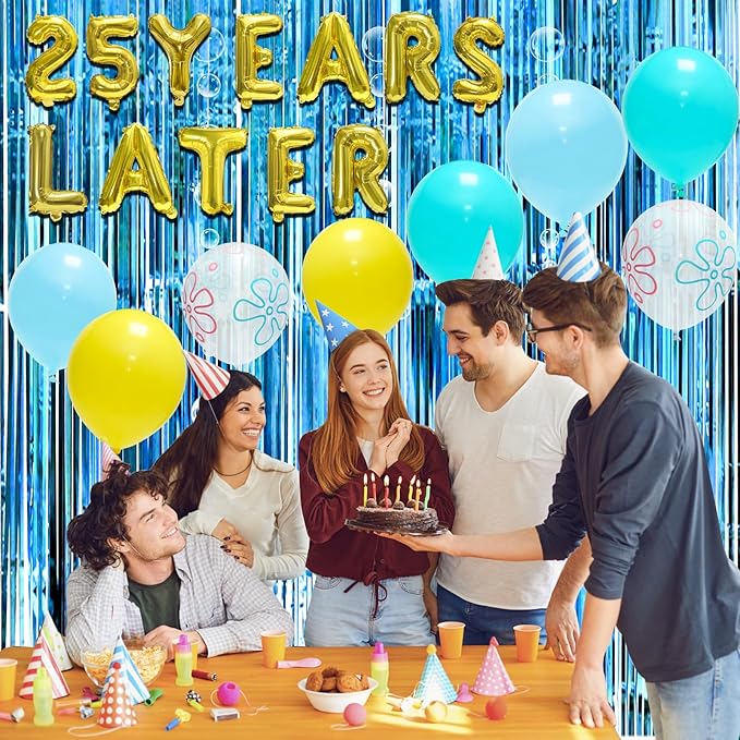 25th Yellow Sponge Birthday Decorations, 104PCS 25 Years Later Balloon Set with Hamburger Balloons, Blue Backdrop Bubble Garland, Crepe Paper, Tinsel Foil Fringe Curtain for Under the Sea Party