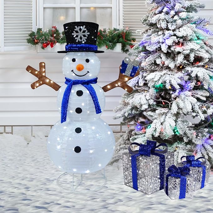 Outdoor Snowman Lighted, Pop-Up Snowman Outdoor Yard Christmas Decorations Prelit 100 Lights, Collapsible Lighted Snowmen Wears Blue Scarf and Holds Light Up Gift Box for Home Porch Yard Décor-Blue