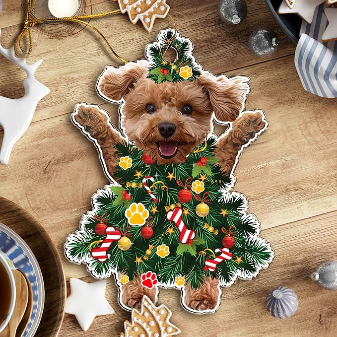 2025 Poodle Dog Christmas Ornament - Adorable Poodle Dog Dressed as a Christmas Tree - Fun and Festive Acrylic Decoration