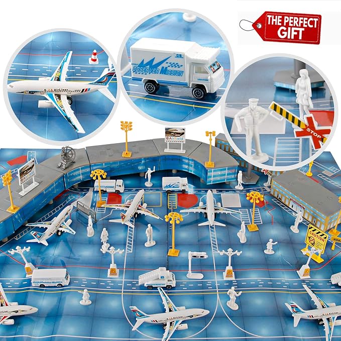 200 PCS Airport Terminal Kids Toys Deluxe Airlines Pretend Playset with Airplanes, Vehicles, Figures, Accessories, Play Mat