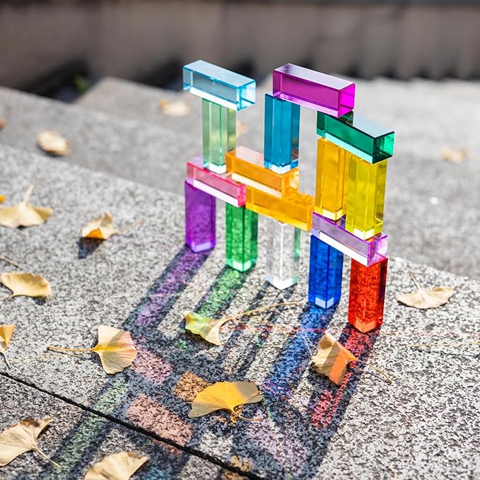 7.5cm Rainbow Crystal Acrylic Strip Blocks,Rectangle Stacking Gem Blocks for Kids 16 Colors Gem Cubes Stacking Educational Sensory Light Learning Toys (7.5cm 16 Colors Blocks)
