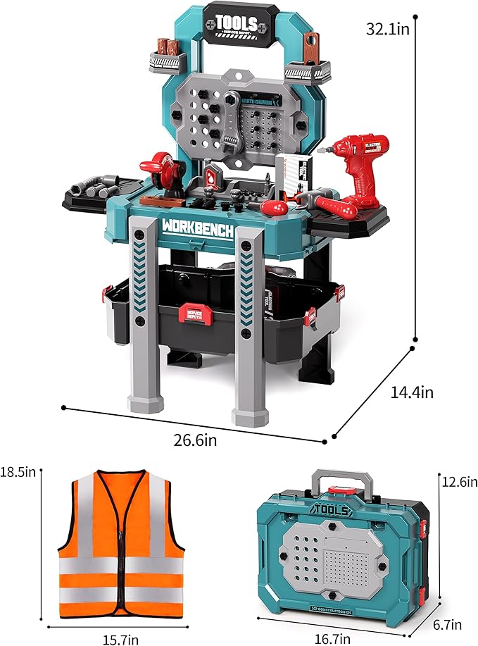 Deejoy Kids Tool Bench with Realistic Tools and Electric Drill, 79 Pcs Realistic Toy Tools with Clothes, Toddler Tool Bench Learning Gift for Boys & Girls Age 3-5 (Green) 32x26.6x14.4 in