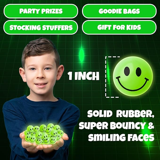 Bedwina Bulk Bouncy Balls Glow in The Dark - 144 Pcs (1inch / 27mm) Diameter, High Bouncing, Small Rubber Smile Face Bouncing Balls for Kids, Vending Machines, Party Favor