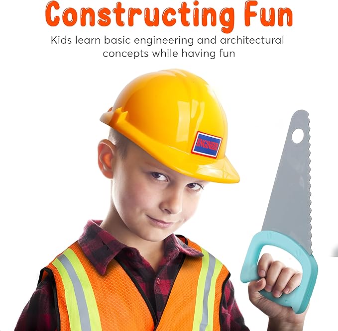 Cosmic Chameleon Construction Toys - 13Pc Pretend Play Set with Kids Construction Hat, Vest & More - Boys & Girls Tool Set - Halloween Costume, Birthday Gift