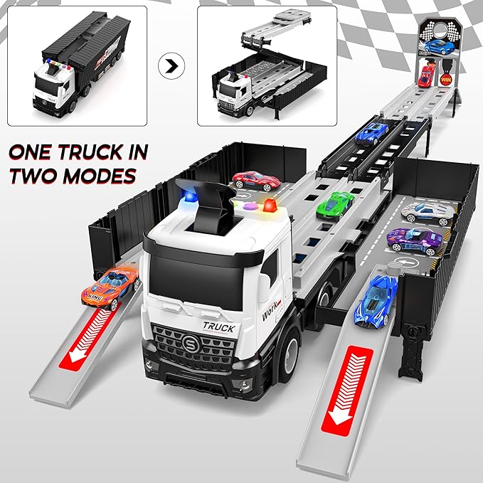 Carrier Truck Race Track Boys Toys, Foldable 3 Layer Toddler Track Playset,Toy Truck Transport Car Carrier & 8 Race Cars, Truck Toddlers Toys B-Day Gifts for Age 3 4 5 6+ Years Old Boys Toy