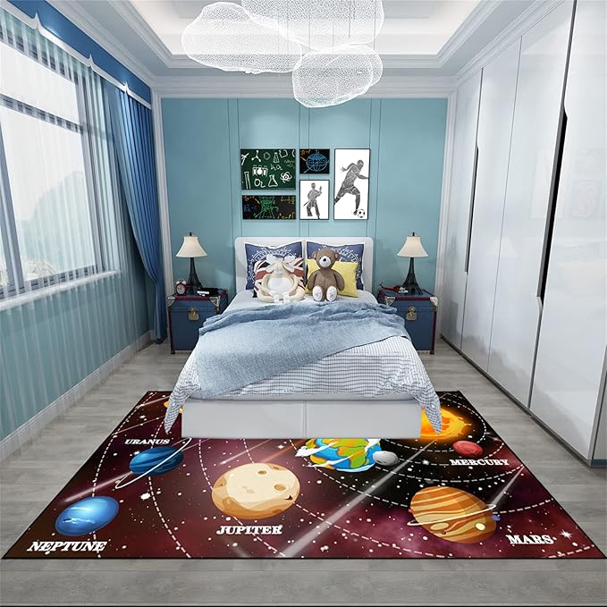 Space Rugs Educational Learning Black Large Size Solar System Carpet Rugs Kids Rug for Bedroom Boys Space Area Rug Living Bedroom, 3'×4'