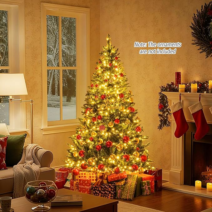 Goplus 6 FT Pre-Lit Artificial Christmas Tree, Hinged Xmas Tree with 814 Branch Tips, 700 Warm White LED Lights, 7 Lighting Modes & Folding Metal Stand, Seasonal Decoration Tree for Home Party Holiday