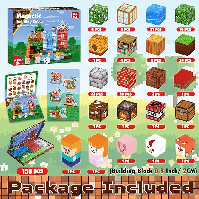 Magnetic Blocks-150PCS Grassland Magnetic Building Blocks Set, Kids Classroom Sensory Toy for Toddlers STEM Learning, Construction Stacking Toy for Kids 3+ Boys and Girls Christmas Birthday Gifts