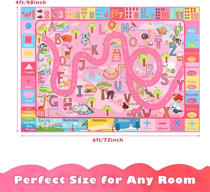 Terrug Kids Rug for Playroom, Educational Classroom Rug for Kids Room, Washable Nursery Rugs Non Slip Playroom Rugs Play Mat for Learning ABC Carpet, Numbers, Animal, Colors, Season, 4X6 Feet, Pink