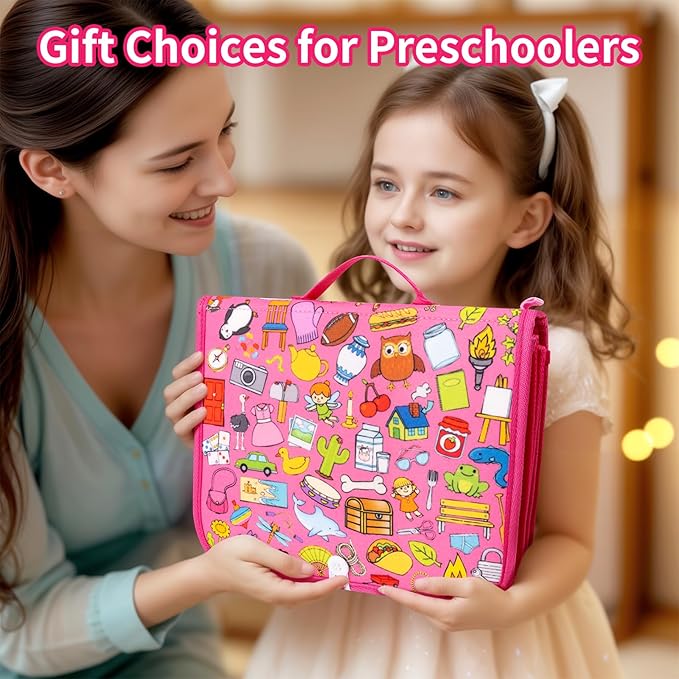 12-page Busy Board Montessori Toddler Toys for 1 2 3 4 Years Old, Busy Book for Toddlers 1-3 Girl Birthday Gift, 24 in 1 Activity Sensory Toys for Motor Skills, Travel Toy for Car Airplane (Pink)