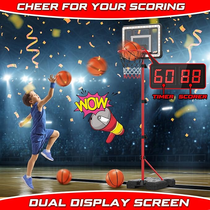 Basketball Hoop for Kids with Stand, Adjustable Height Basketball Hoop with Electronic Scoreboard and LED Light, Indoor Outdoor Backyard Sport Game Gifts Toys for 3 4 5 6 7 8