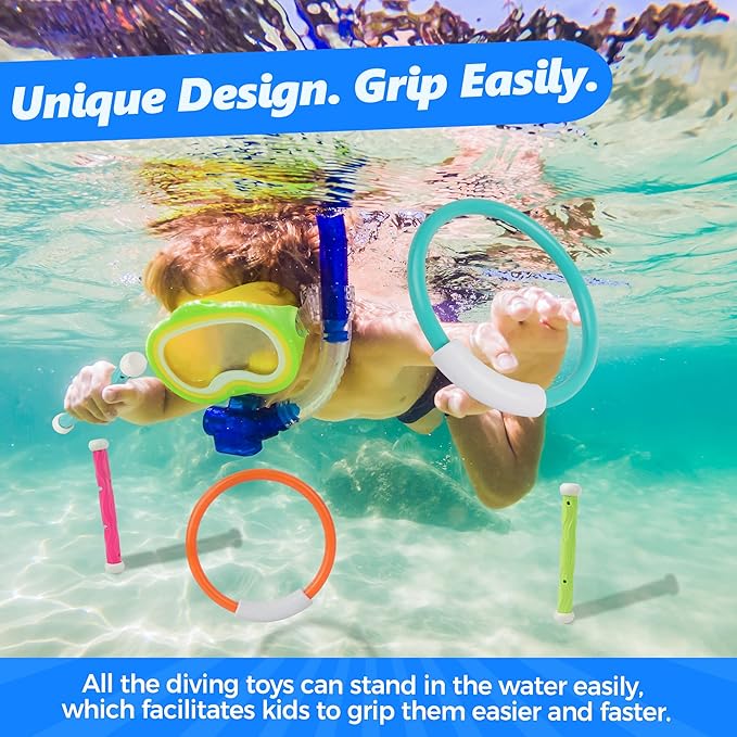 BELLOCHIDDO Diving Rings & Sticks Set - Underwater Training Pool Toys for Kids Ages 4-8, Summer Water Games Gift with Fun Accessories