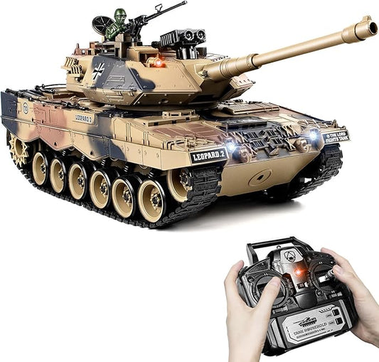 1:18 RC Tank, 2.4Ghz German Leopard II Remote Control Model Toys, RC Vehicle Tank That Shoots BBS and Water Bombs for Adults and Kids, Military Army Toys with Smoke, Lights, Sound and Recoil