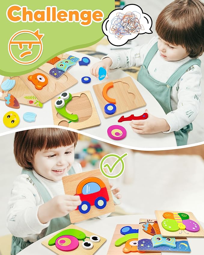 Bekayshad Wooden Puzzles Toddler Toys Gifts for 1 2 3 Year Old Boys Girls, 12 Pack Animal Jigsaw Puzzles Montessori Toys, Learning Educational Birthday Gifts for Girls Boys Ages 1-3