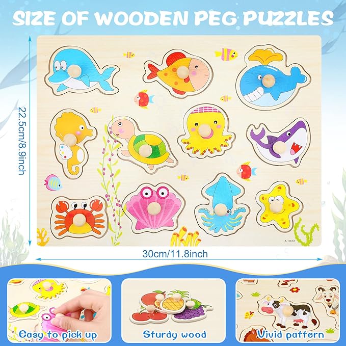 Chivao 8 Set Wooden Peg Puzzles for Toddlers 2-4 Years Alphabet Number Animal Vehicles Puzzles Board for Kids Educational Learning Toys for Children Babies Boys Girls(Lovely)