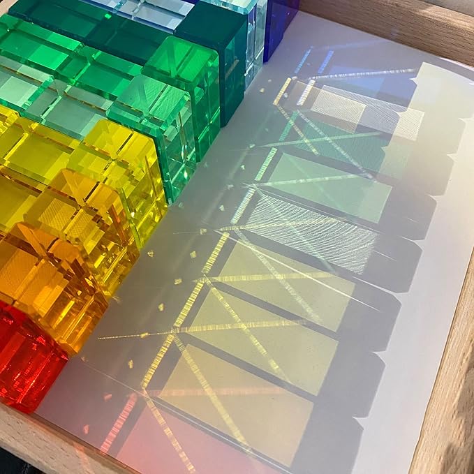 Rainbow Crystal Acrylic Strip Blocks Rectangle Stacking Gem Cubes for Kids - 16 Colors Educational Sensory Light Learning Toys (16PCS)