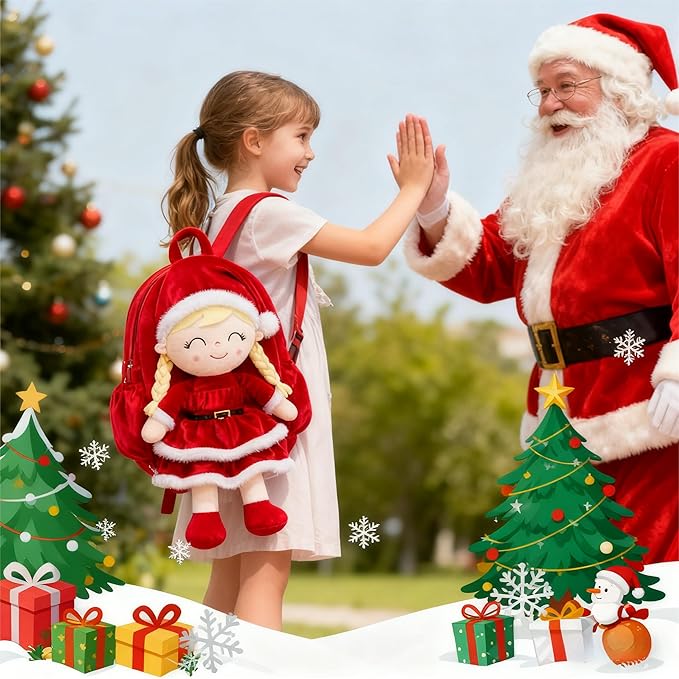 Gloveleya Plush Backpacks Toddler Backpack Removable Doll and Backpack Christmas Gifts Baby Girl Gift For 2 to 8 Years Girl Birthday Gifts With Red Doll