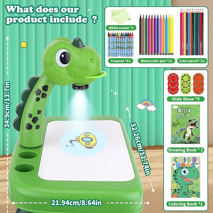 Drawing Projector for Kids, Art and Crafts, Drawing Board with Music, Color Pens, Pencils, Crayons, Scrapbook, Dinosaur Sticker Book, Ideal Toy for 3+ Year Old Girls & Boys (Dinosaur Kit)