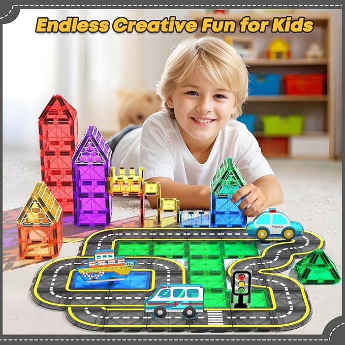 Soyee Magnetic Tiles Road Cars Set Magnetic Building Blocks Boys Toys Ages 3 4 5 6 7 8 Sensory Preschool Construction Toddler Toys Gifts for 3+ Year Old Boys Girls