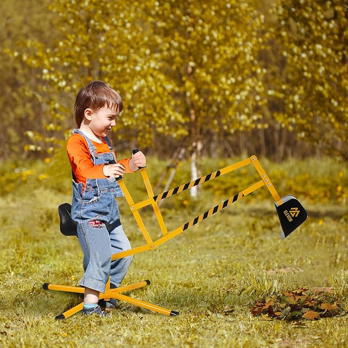 Sand Digger Excavator Toys for Kids Outdoor Sandbox Digger Crane with 360 Degree Rotatable Seat Excavator Ride On Toy Beach Toys Great for Sand Dirt and Snow Steel Outdoor Play Toys, Yellow