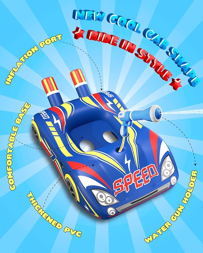 JOSEN Pool Floats Kids with Water Gun, Inflatable Ride-on Car Funny Pool Floats for Kids Ages 3-8, Toddler Pool Float, Summer Outdoor Lake Beach Party Pool Toys for Boys Girls
