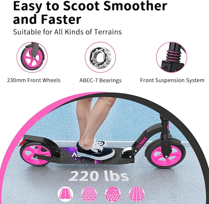 BELEEV V8 Scooters for Kids Ages 6+ with Light-Up Deck, 2 Wheel Folding Scooter for Adults Teens, 4 Adjustable Height, Lightweight Sport Commuter Scooter, Sturdy Frame, Max Load 220 lbs