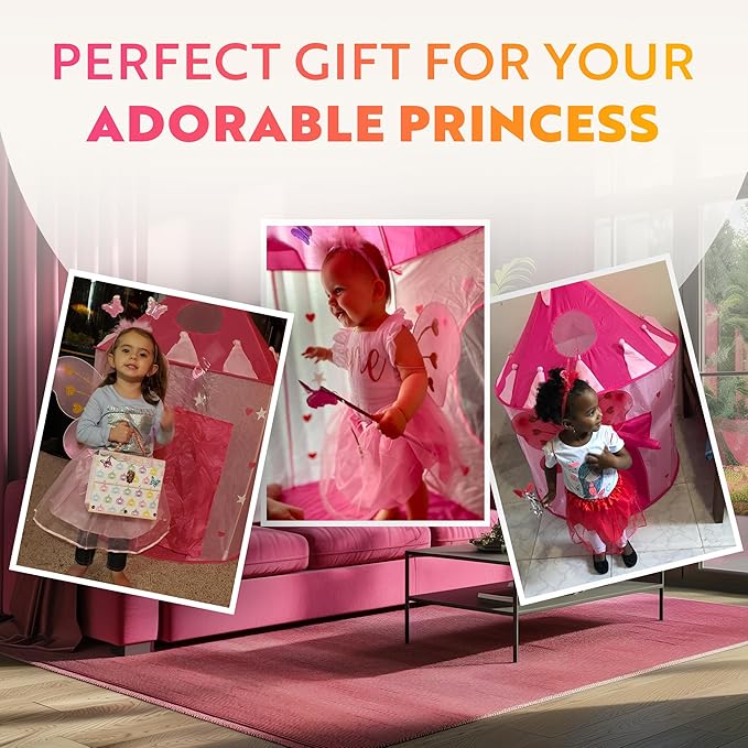 Playz 5-Piece Princess Castle Girls Pop Up Play Tent & Dress Up Costume Bundle - Playhouse Gift for Girls & Toddler for Indoor & Outdoor Use with Pink Fairy Tale Carrying Bag & Glow in The Dark Stars