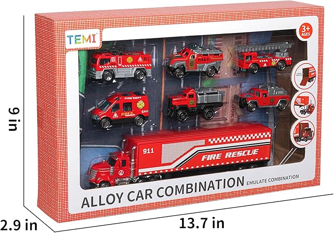 TEMI Diecast Emergency Fire Rescue Vehicle Toy Set w/Play Mat, Truck Carrier,Ambulance, Alloy Metal Fighting Car for 3 4 5 6 Years Old Toddlers Kids Boys and Girls