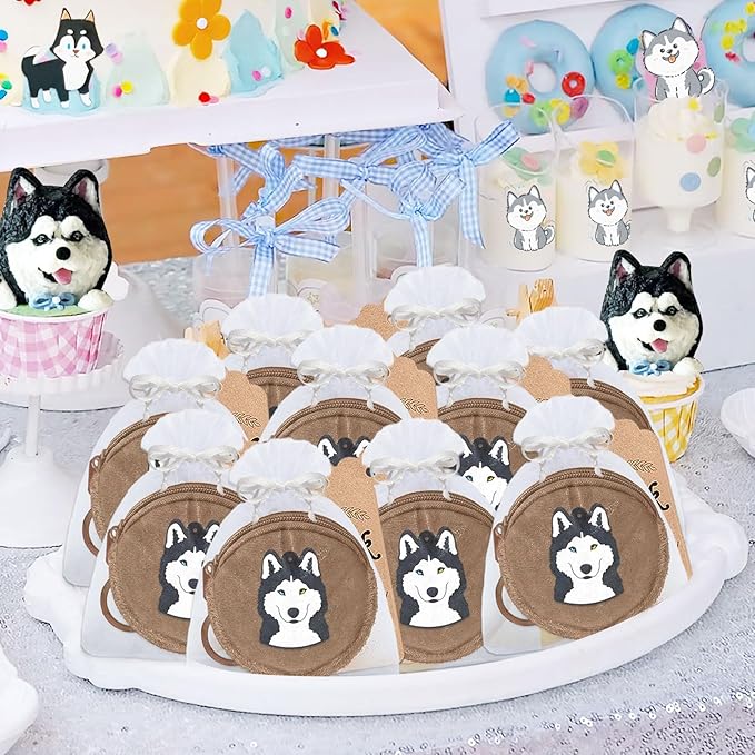 15 Pack Husky Mini Coin Purse with Keyrings for Husky Themed Dog Party Lets Pawty Pet Party Birthday Party Supplies,Brown