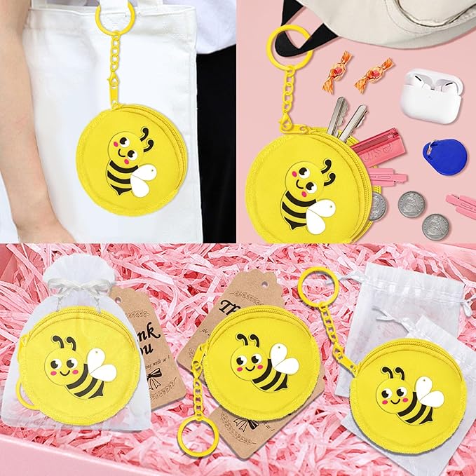 36 Pack Bee Change Coin Purses Set Include 12 Bee Wallets with Keyrings, 12 Thank You Tags and 12 Organza Bags for Honey Bee, Bumble Bee, Mommy to Bee, Baby to Bee, Birthday,Yellow