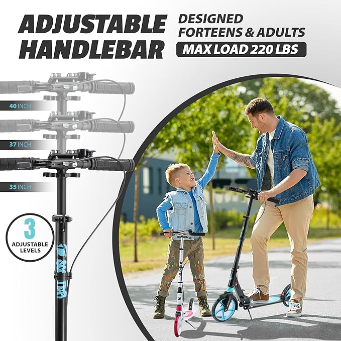 Scooter for Kids Ages 8+ Teens & Adults, Lightweight Kick Scooter with Carry Strap Adjustable Height Equipped with Front handbrake and Rear Brake, Big Sturdy PU Flash Wheels Great Gift & Toy