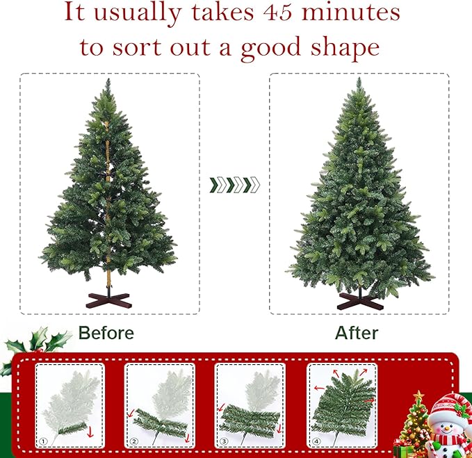 6ft Artificial Christmas Tree, 1152 Realistic Branch Tips, Easy Assembly Hinged Design, Includes Base