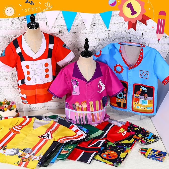 Jiuguva 12 Pcs Role Play Costume Dress up Clothes Cosplay for Kids Community Helper Career Costumes Pretend Play Astronaut Construction Worker Racer Engineer Pirate Painter