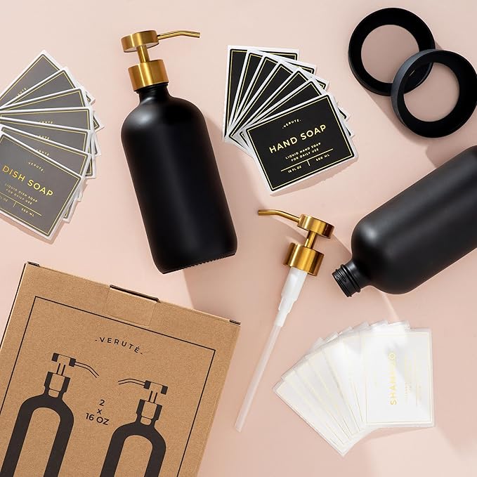 16oz Glass Soap Dispenser with Stainless Steel Pump, 21 Waterproof Labels, Non-Slip Protective Silicone Pad, Set of 2 for Bathroom & Kitchen (Matte Black Bottle/Brushed Gold Pump)