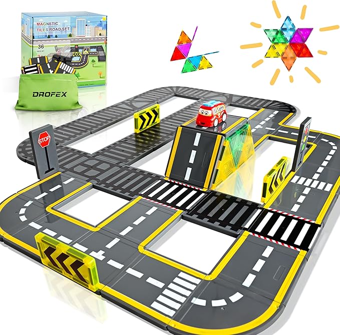 Upgraded Magnetic Tiles Road & Train Dual-Sided Expansion Pack, Magnetic Building Blocks Construction Toys for 3+Year Old Boys & Girls, Montessori Toys for Toddler, STEM Learning Gifts
