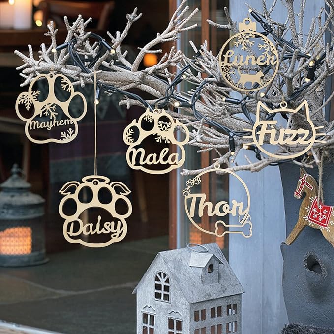 Personalized Dog Cat Paw Ornament Christmas, Custom Pet's Name Ornament, Customized Wooden Cat Paw Ornaments for Christmas Tree