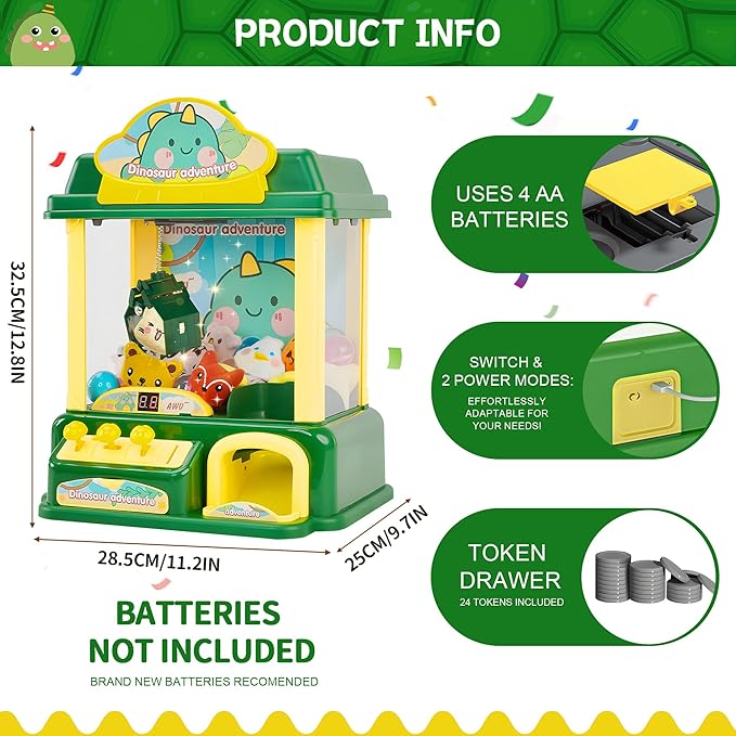 Kids Claw Machine, Dinosaur Adventure Large Toy Claw Machine with Plush Toys, Light Music, Coins & Capsules, Mini Vending Machine Toy for Boys Girls Ages 4-12, Birthday Gift